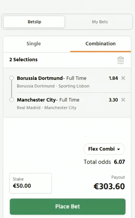 Example betslip showing a combination bet